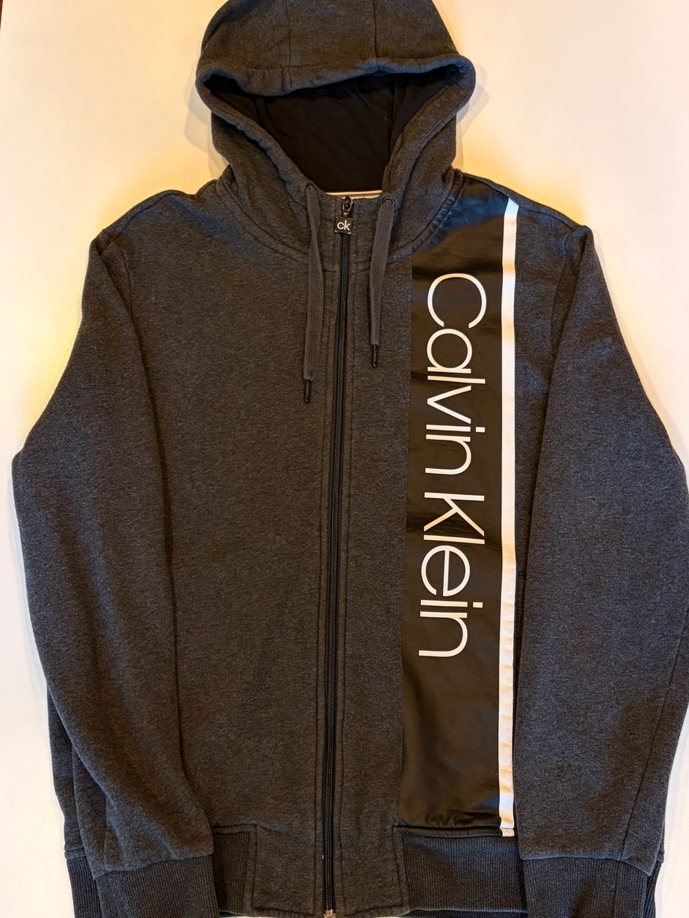 Calvin Klein Dark Charcoal Full-Zip Hoodie with Logo Stripe